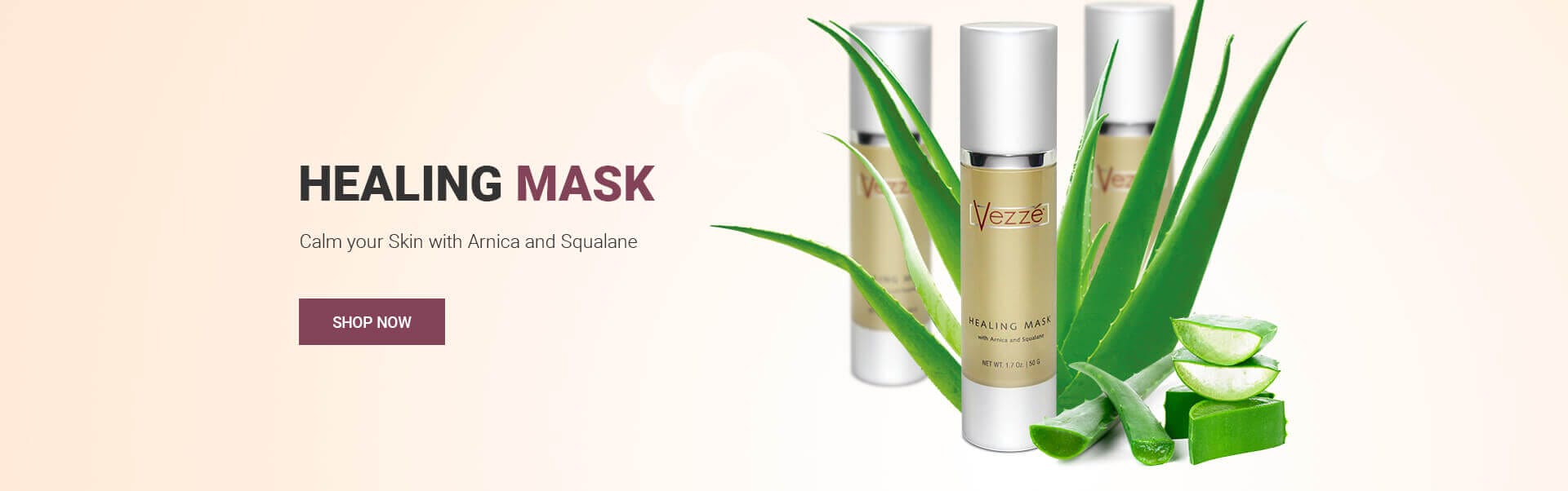 Healing mask with arnica and squalane, soothing skincare product with aloe, shop now banner.